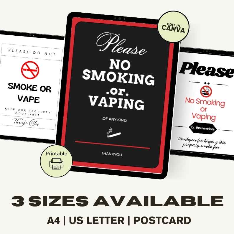 Printable No Smoking or Vaping Sign Template Airbnb Business Decor Canva Editable PDF - Image 2