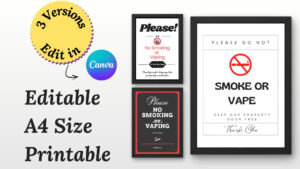Printable No Smoking or Vaping Sign Template Airbnb Business Decor Canva Editable PDF